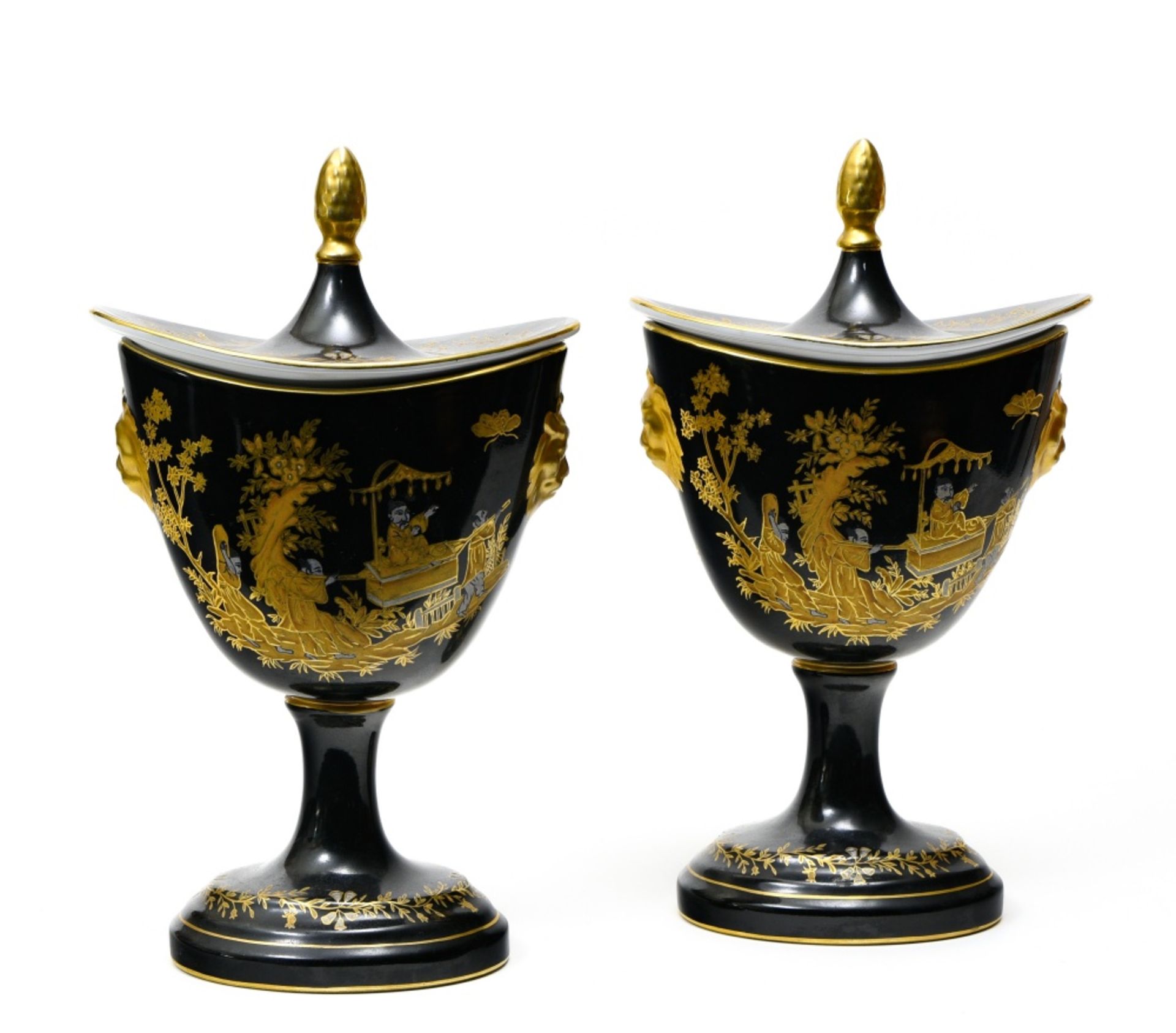 Late 19th-early 20th century work Pair of navette-shaped covered pots, Black and gold enamelled - Image 2 of 2