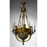 19th century work Neoclassical chandelier, Bronze and gilt brass, cut satinised glass bowl with
