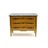 Louis XVI-style work Three-drawer commode, Marquetry, bronze handles and grey marble with white