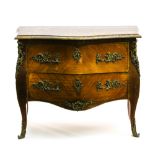 18th century era Sauteuse commode, Marquetry, bronze, and red Verona marble surface. Stamped P.