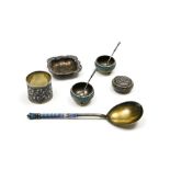Russia, late 19th century Lot of cloisonnŽ enamel silverware, Composed of a pair of salt cellars