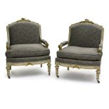 Louis XVI-style work Pair of armchairs, Carved, weathered wood, on rollers. - - -