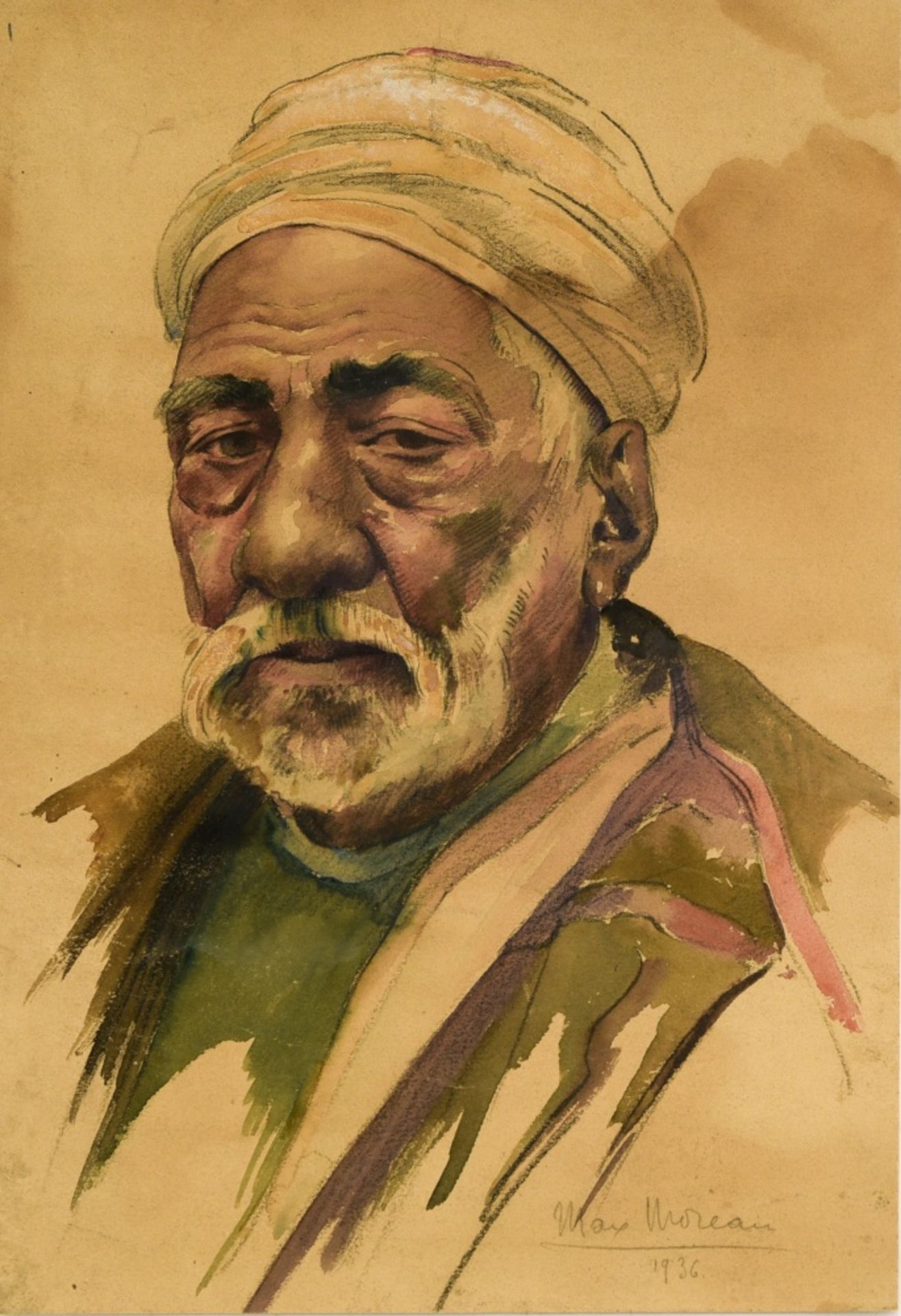 Max LŽon MOREAU (1902-1992) Portrait of a Moroccan man, 1936, Charcoal and watercolour, signed and