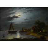 19th century school Animated moonlit landscape, Oil on canvas. Framed Height (cm) : 47,5 - Width (