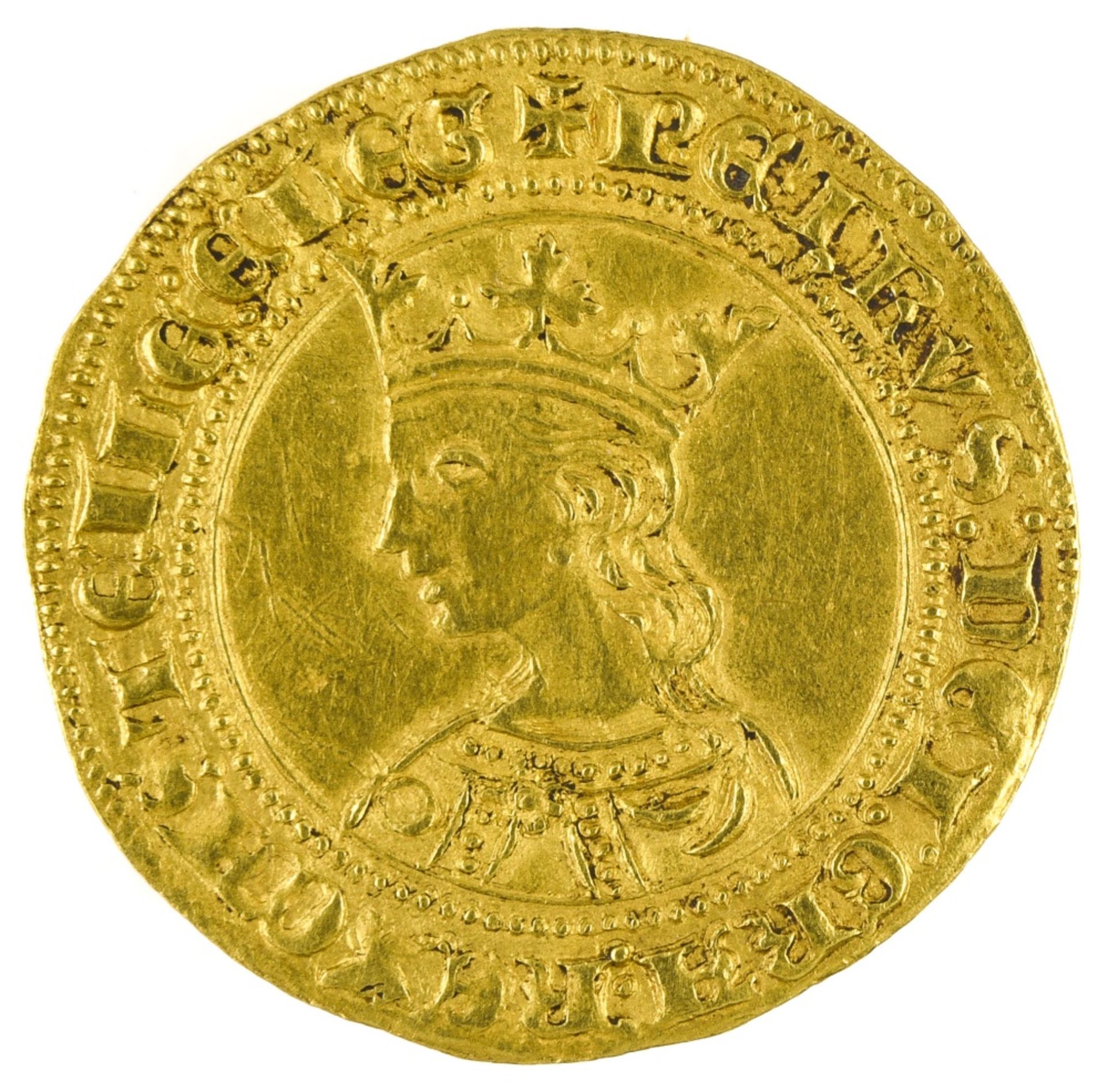 Spain Pedro I (1350-1369), Dobla de 35 Maravedis, 4.55g, Sevilla, crowned bust left, rev. arms of - Image 2 of 3