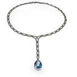 Aquamarine necklace 18 kt white gold, rectangular chain links set with tiny brilliants and