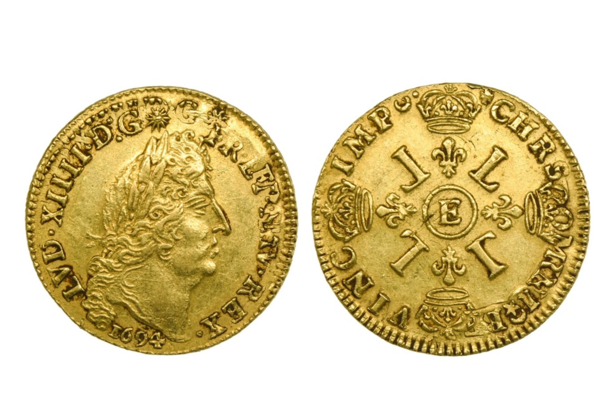 France Louis XIV (1643-1715), Louis d'or aux quatre L, 6.70g, 1694 E, Tours, reformation, laureate