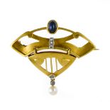 Linear Art Nouveau brooch 18 kt yellow gold, set with a sapphire cabochon, a suspended pearl, and