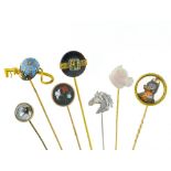 Set of seven tie pins 18 kt yellow gold, white gold and metal, Florentine mosaic, English crystal,