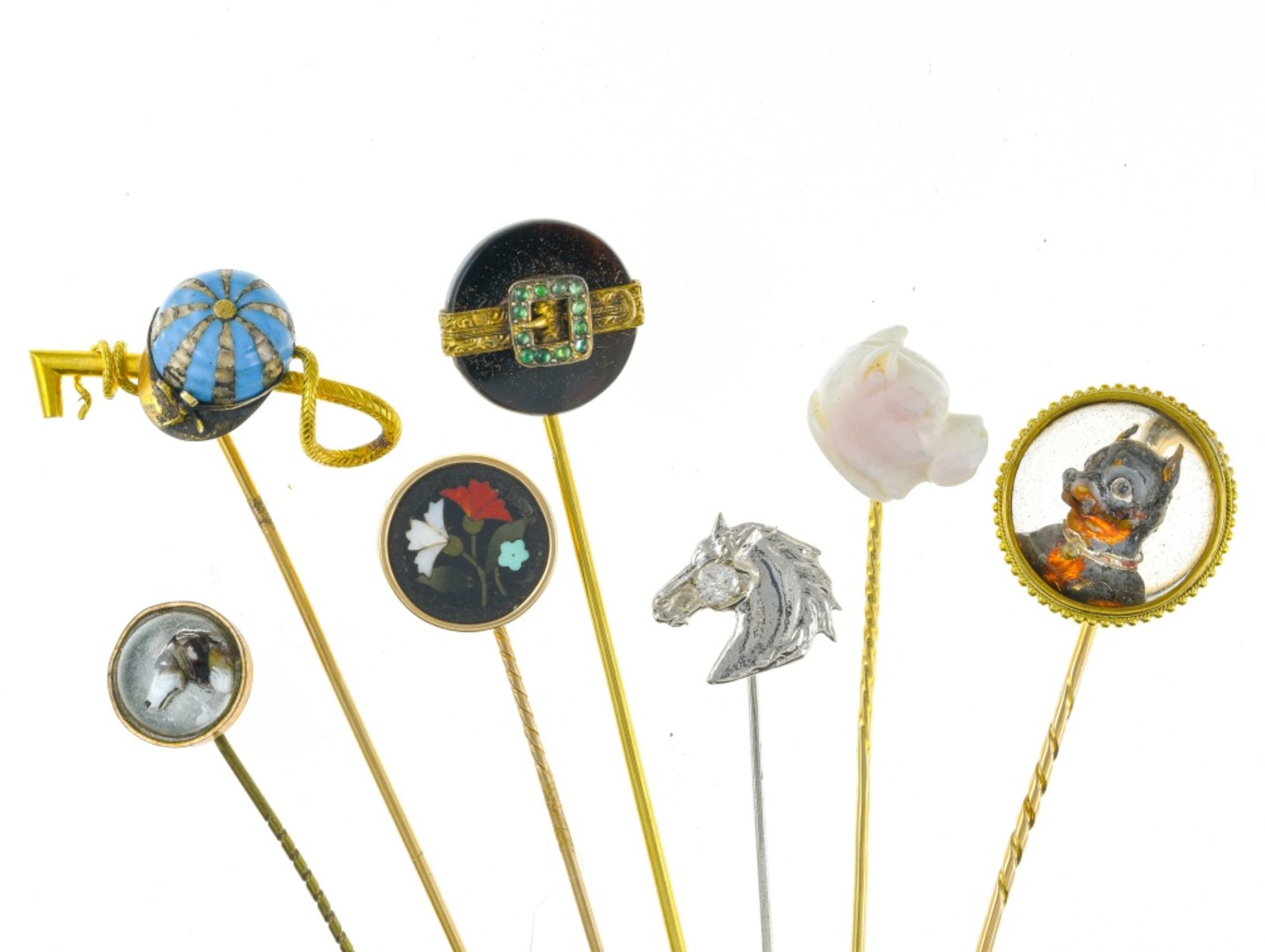 Set of seven tie pins 18 kt yellow gold, white gold and metal, Florentine mosaic, English crystal,