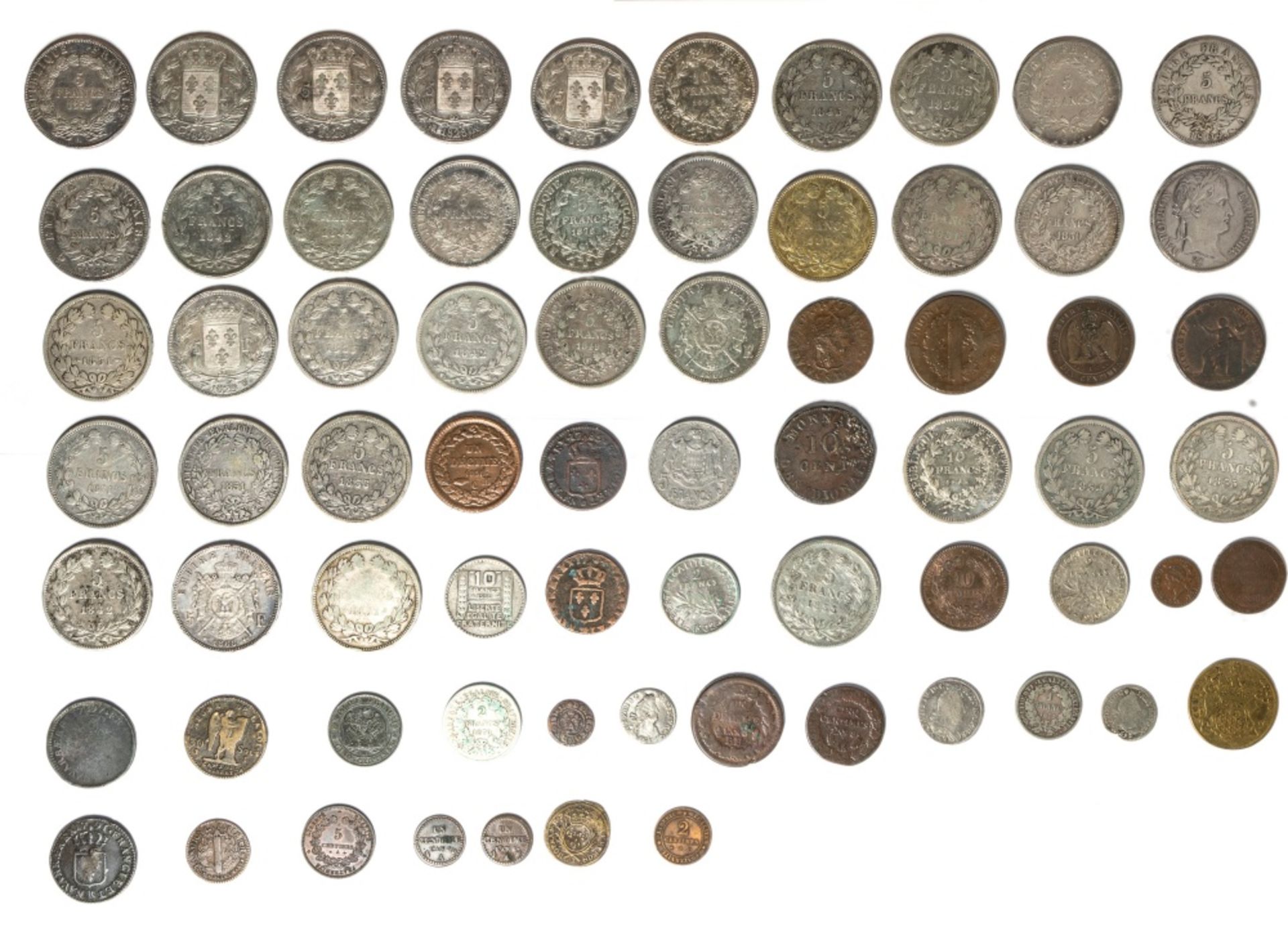France mixed lot of coins, 10 Sols aux 4 couronnes, 1704 BB ; 10 Francs, 1965 (2) ; 5 Francs (34), - Image 2 of 2