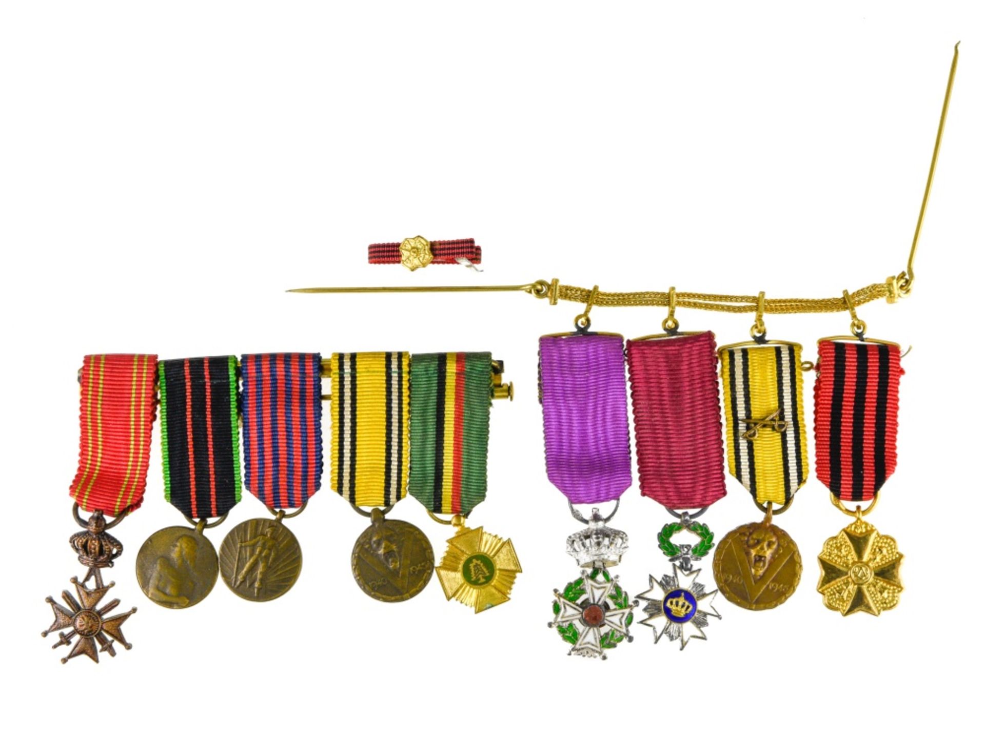 Belgium mixed lot of miniatures, Order of Leopold, Order of the Crown, Croix de guerre, Gold medal