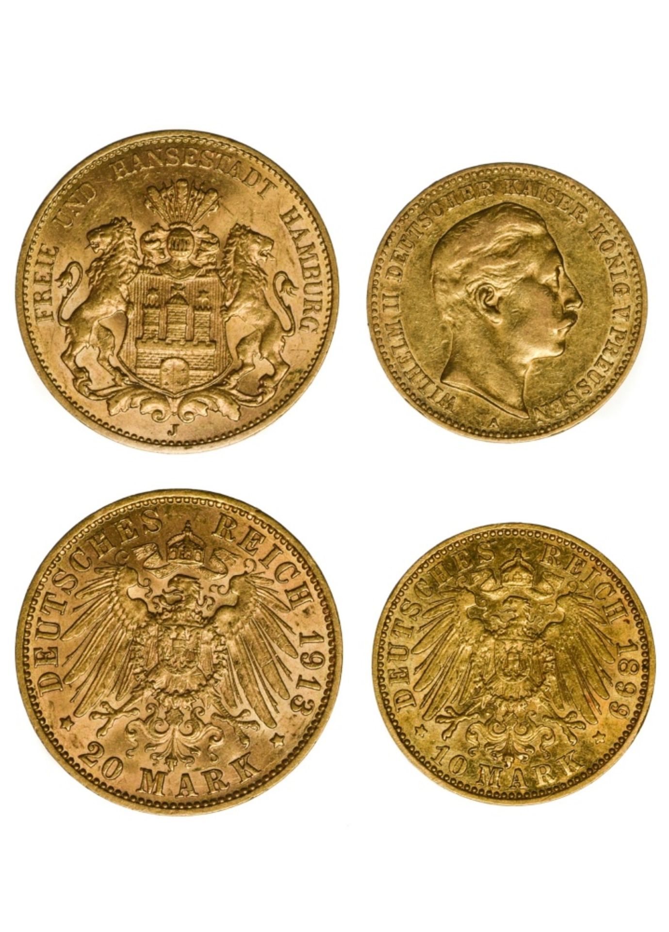 Germany Hamburg, 20 Mark, 1913 J ; Prussia, 10 Mark, 1899 A (Fr.3777, 3835 ; KM.520, 618). 20