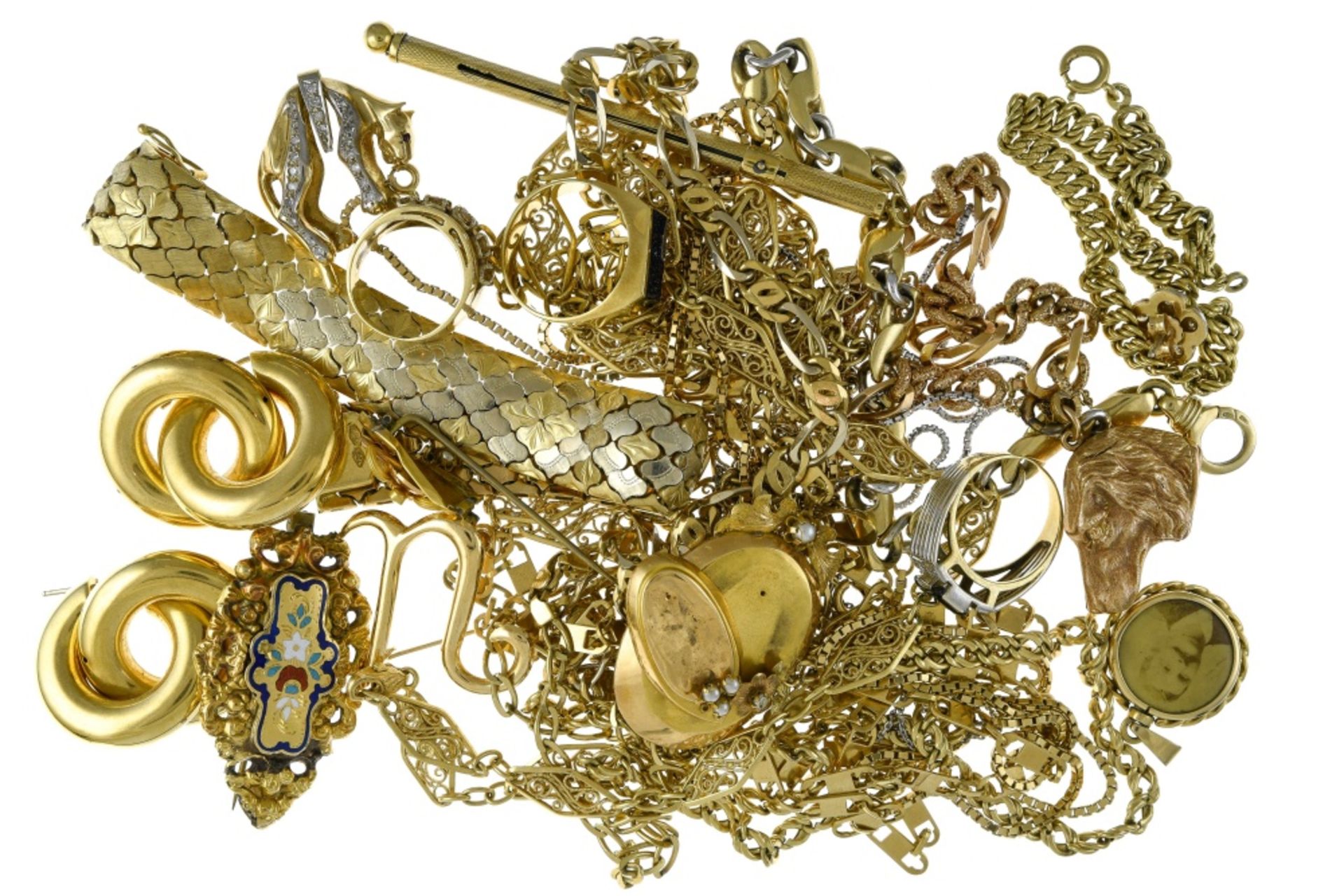 Lot of 18 kt gold jewellery Antique jewels, some set with stones, 18 kt gold. Poids (gr) : 397
