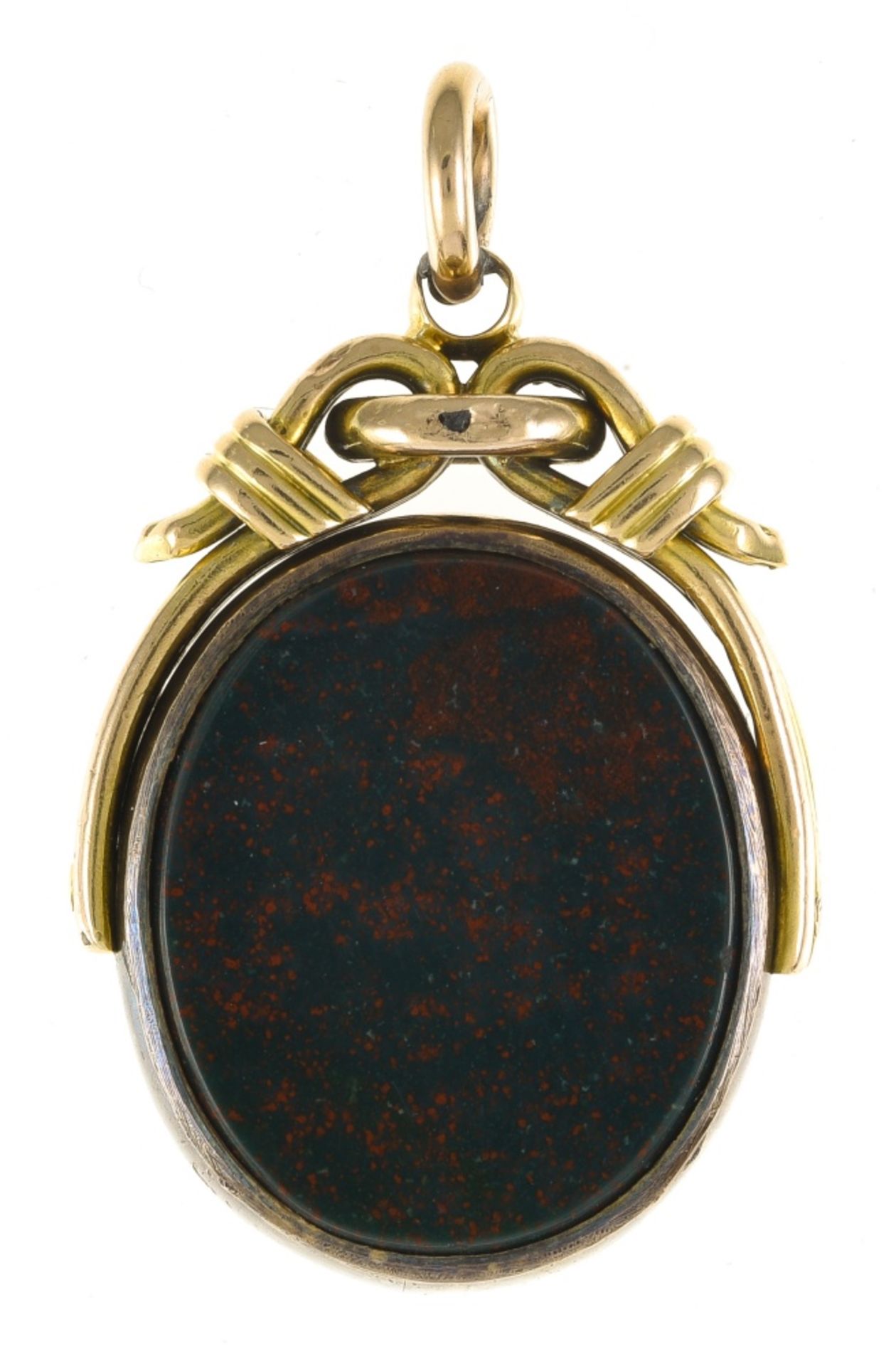 Victorian pendant 14 kt yellow gold, oval-shaped and set with a swivelling bloodstone. Hallmark: