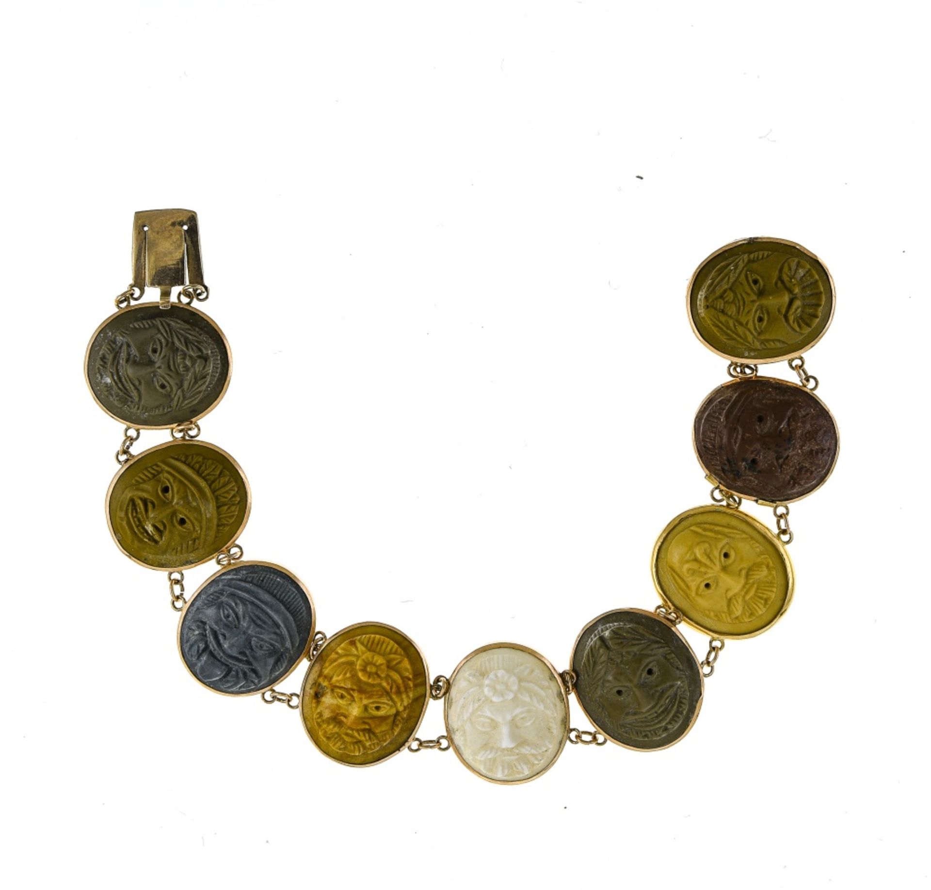 Lava stone bracelet 18 kt yellow gold, composed of 9 medallions set with lava stone cameos of - Image 2 of 3