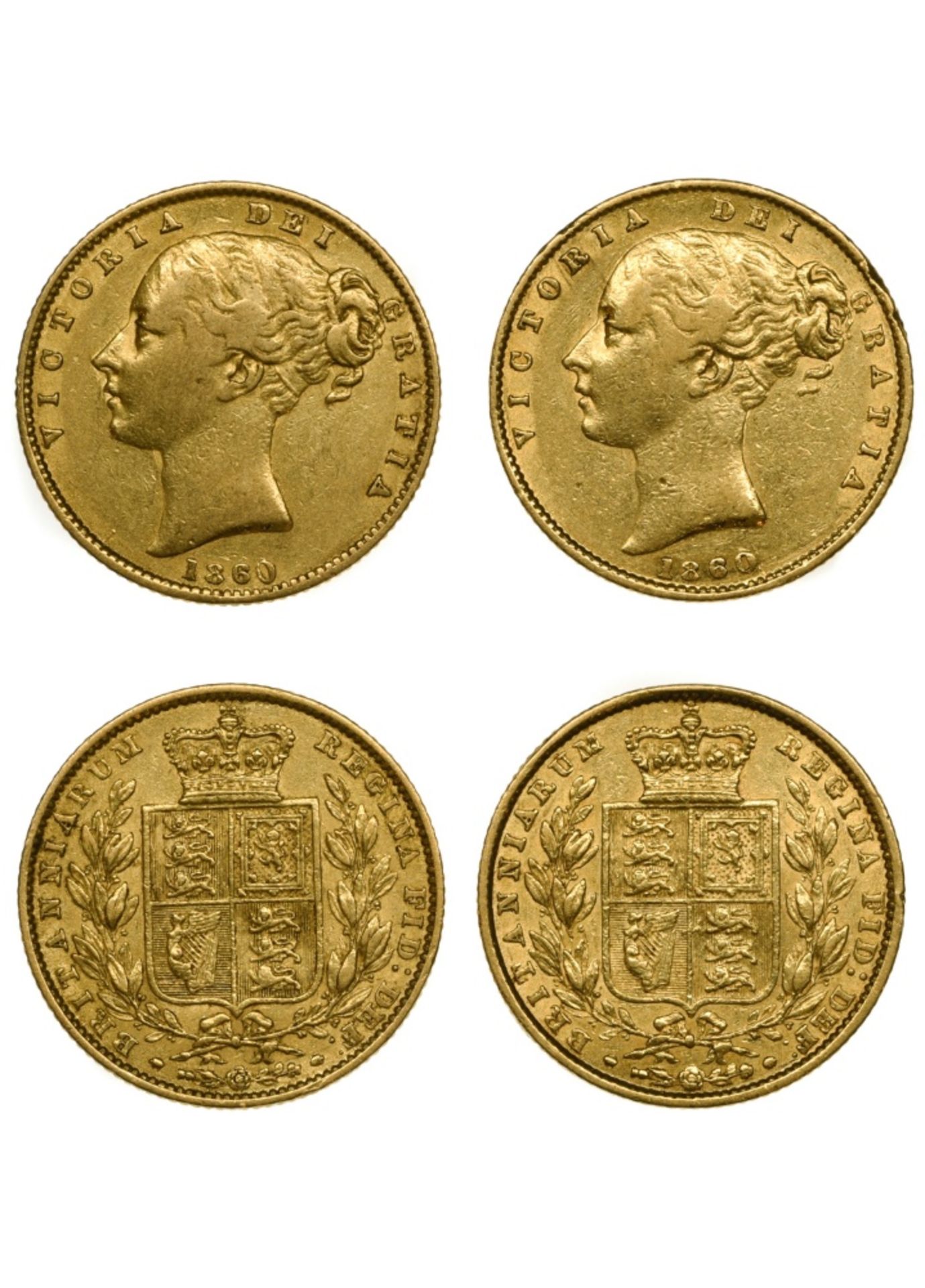 Great Britain Victoria (1837-1901), Sovereign (2), 1860, 1860 large 0 (Marsh 43 ; S.3852D). 1860,