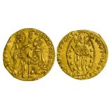 Italy, Venice Andrea Contarini (1368-1382), Zecchino, 3.55g, Saint Mark left, Doge kneeling right