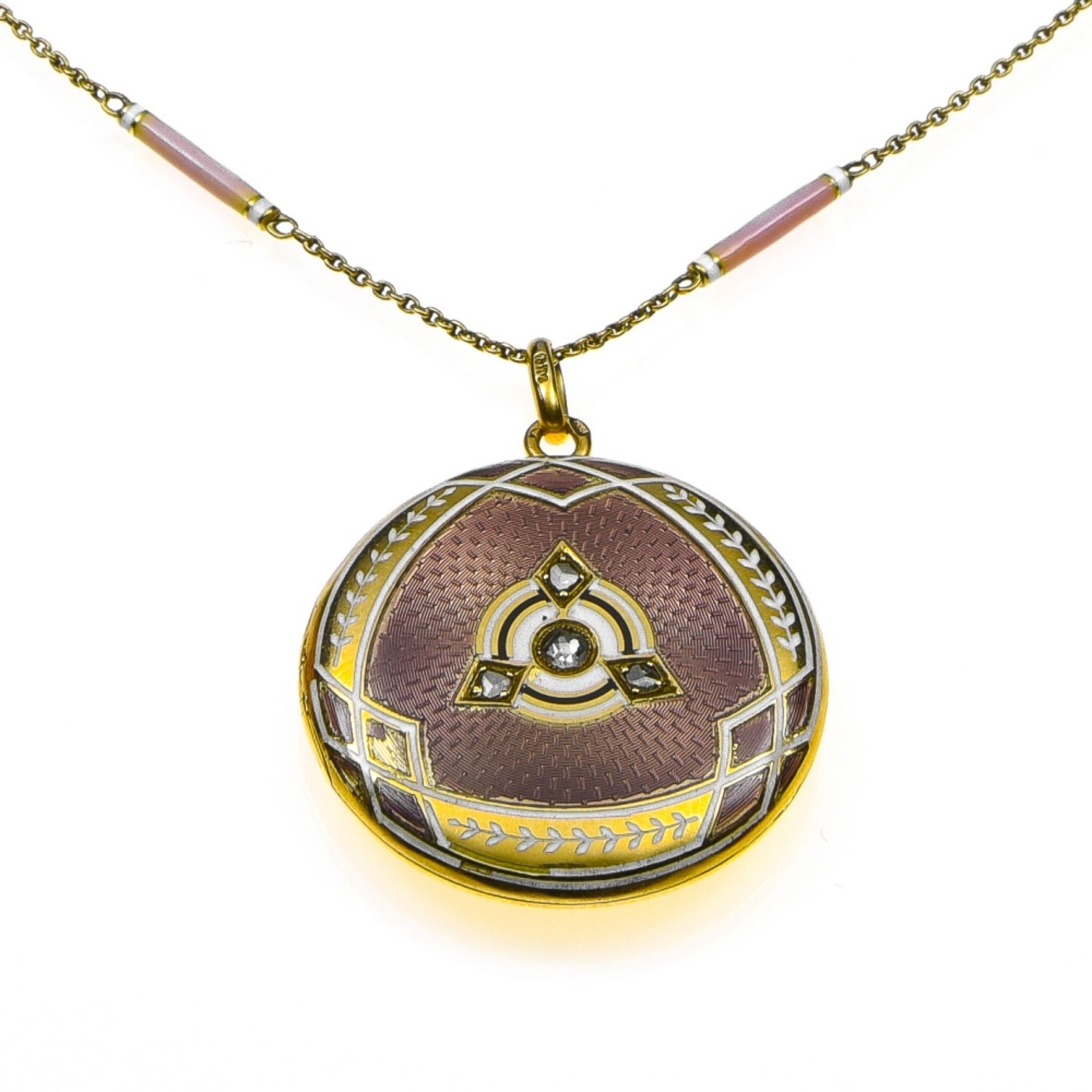 Neoclassical necklace 18 kt yellow gold, composed of a long chain and a round locket medallion - Image 2 of 4