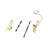 Lot of 4 antique brooches 18 kt gold, silver, demantoids (?), garnets, rose-cut diamonds, small