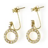 Pair of disc drop earrings 18 kt yellow gold, depicting a disc set with small brilliants and topped