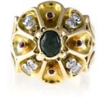 Conical ring 18 kt yellow gold, diamonds, and coloured stones. Poids (gr) : 14,4