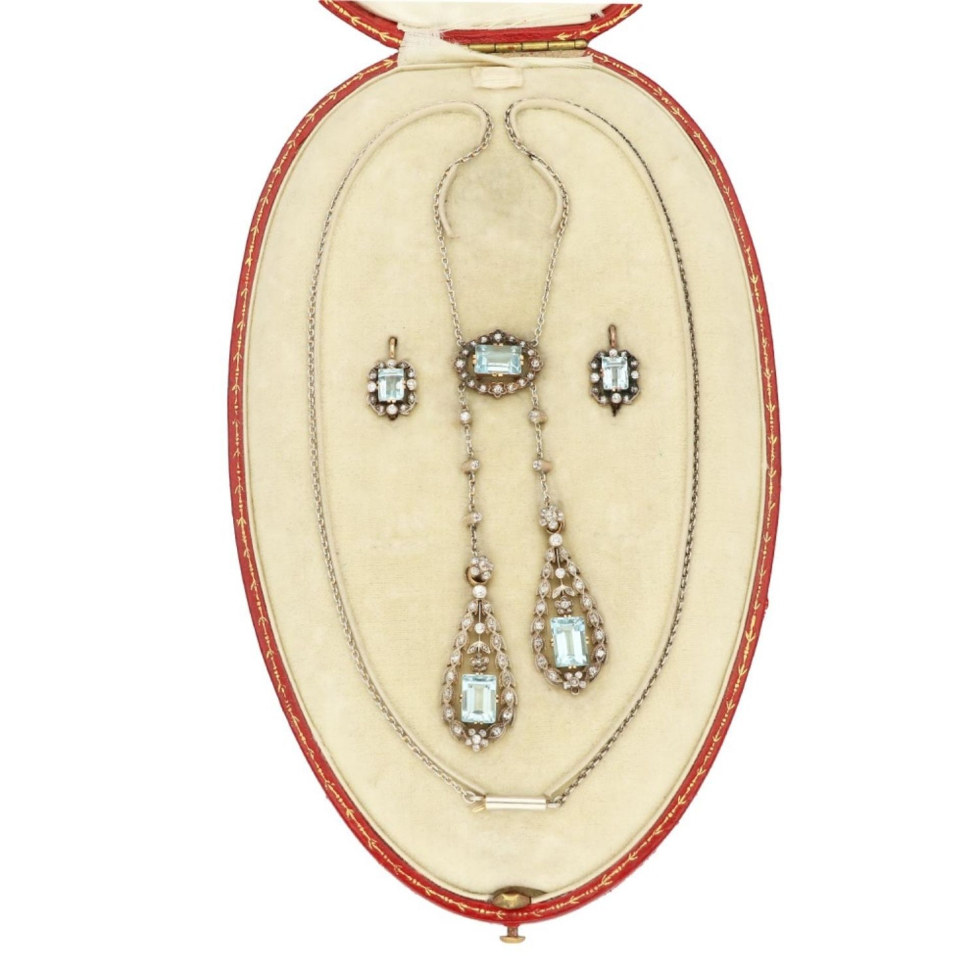 E. Netter & Cie Belle Epoque aquamarine parure 14 kt yellow and white gold, set with 5 aquamarines - Image 6 of 6