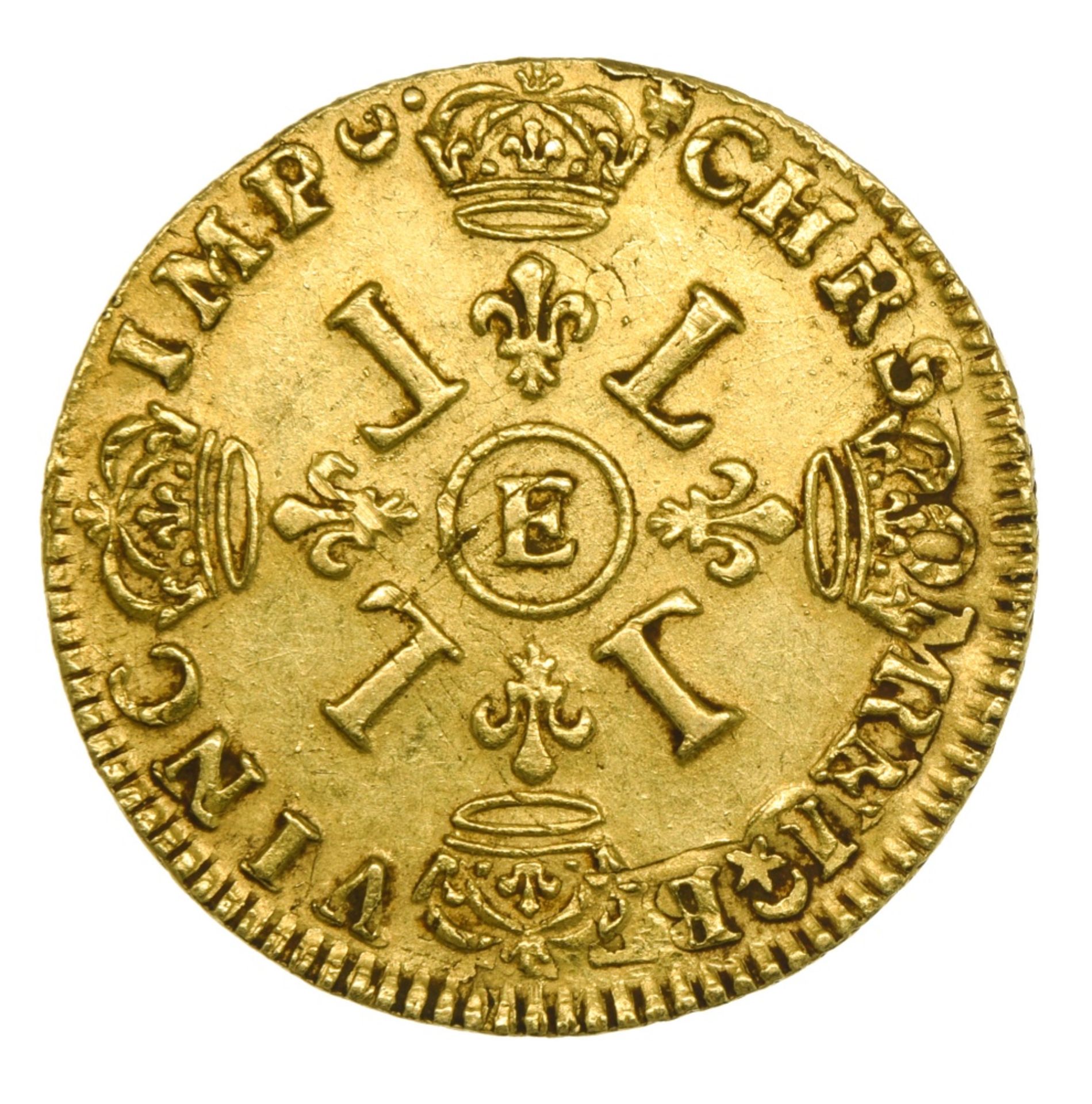 France Louis XIV (1643-1715), Louis d'or aux quatre L, 6.70g, 1694 E, Tours, reformation, laureate - Image 2 of 2