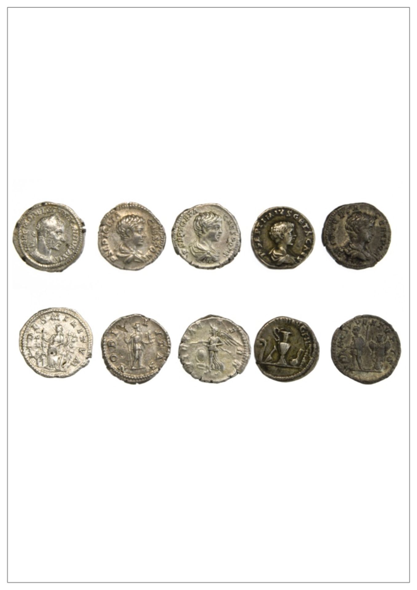 Rome Lot of 5 Denarii, Geta (4) rev. Victory, VI CT AE TE RN, rev. NOBILITAS, rev. PRINC IV