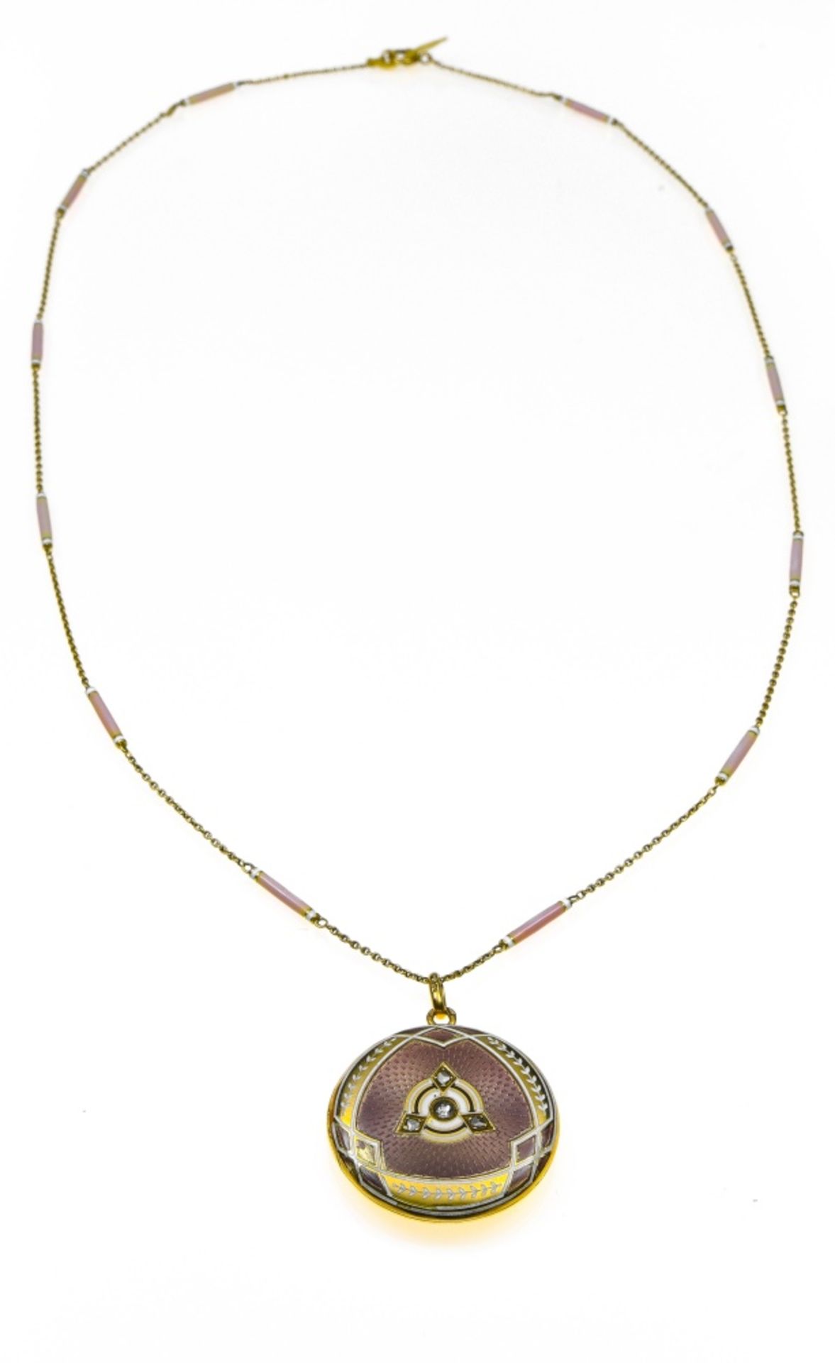 Neoclassical necklace 18 kt yellow gold, composed of a long chain and a round locket medallion