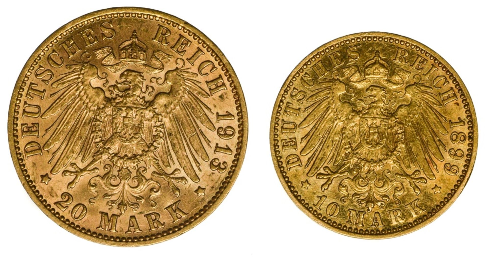 Germany Hamburg, 20 Mark, 1913 J ; Prussia, 10 Mark, 1899 A (Fr.3777, 3835 ; KM.520, 618). 20 - Image 3 of 3