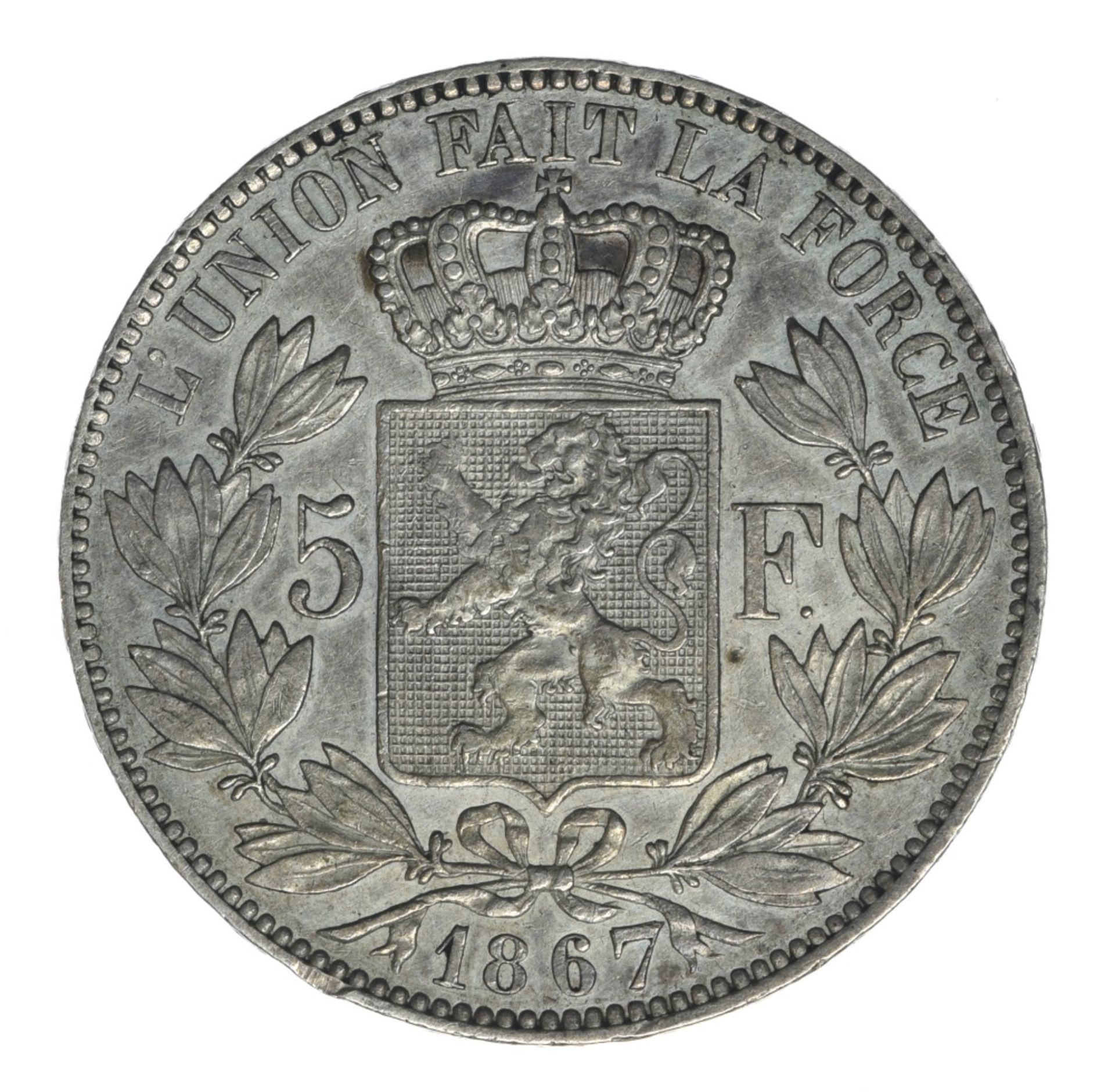 Belgium Leopold II (1865-1909), 5 Francs, 24,99g, 1867, point after F, large bare head left, - Image 3 of 3