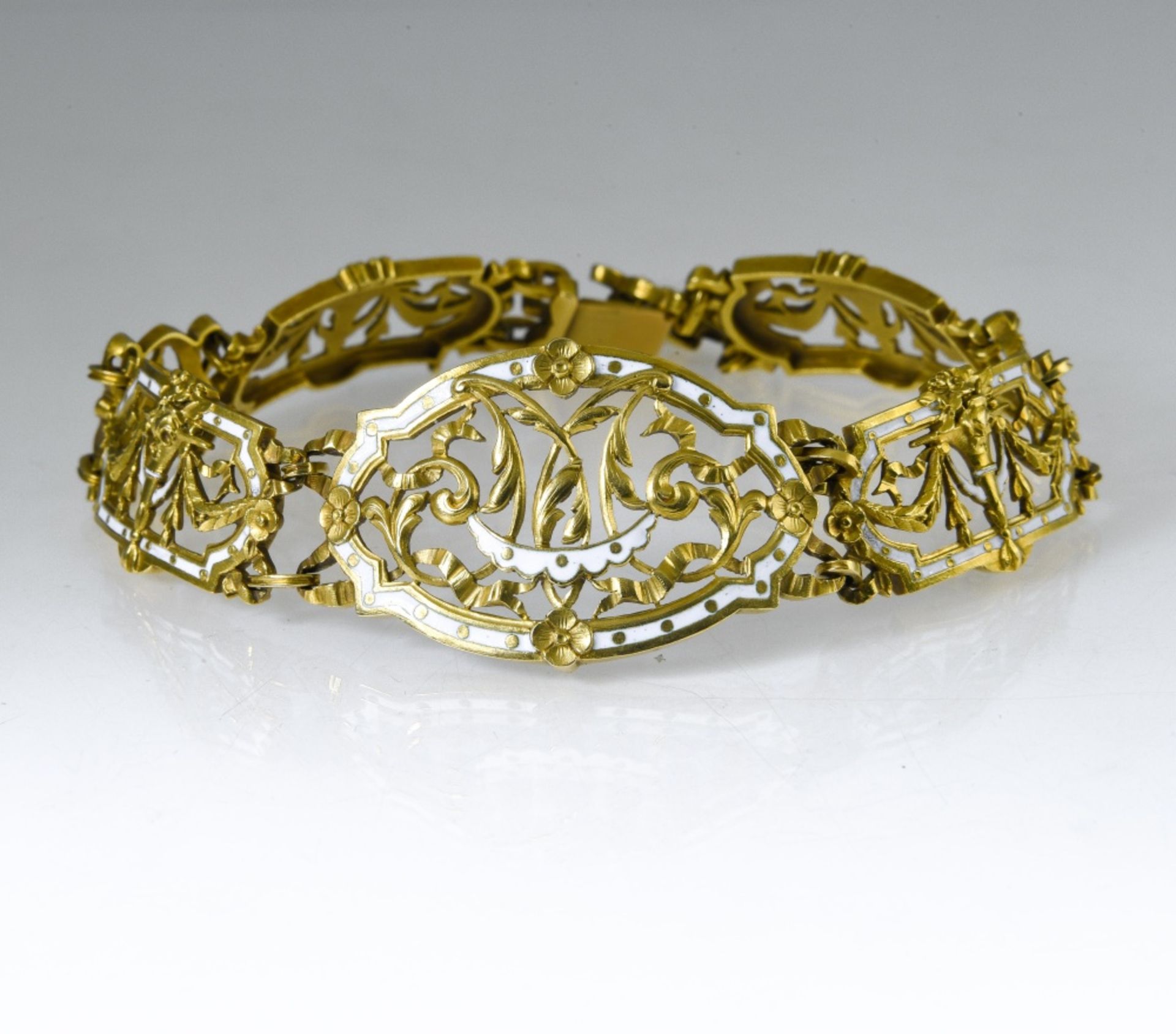Lucien Gautrait Neoclassical bracelet 18 kt yellow gold, inlaid with white enamel, composed of 4