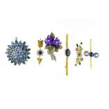 Set of six brooches 18 kt yellow gold (5) and 14 kt yellow gold (1) set with sapphires and