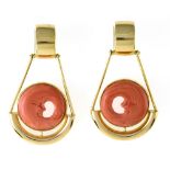 Pair of coral drop earrings 18 kt yellow gold, each set with a crescent-shaped piece of coral.