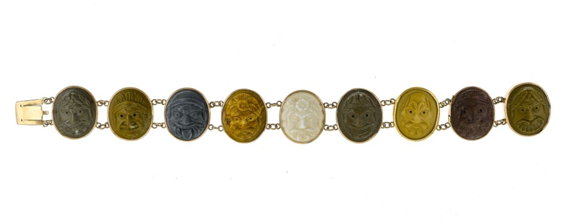 Lava stone bracelet 18 kt yellow gold, composed of 9 medallions set with lava stone cameos of