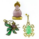 Lot of three Chinese pendants 14 kt gold and silver gilt, jade, pink quartz.