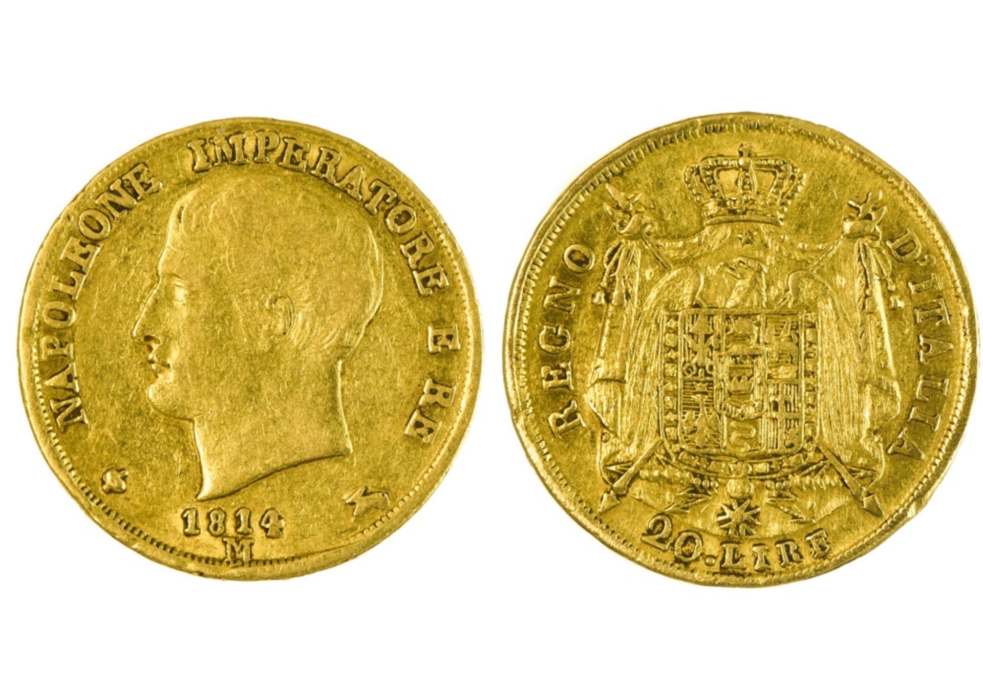 Italy, Kingdom of Napoleon Napoleon I (1805-1814), 20 Lire, 6.41g, 1814 M, Milan (Fr.7 ; KM.11).