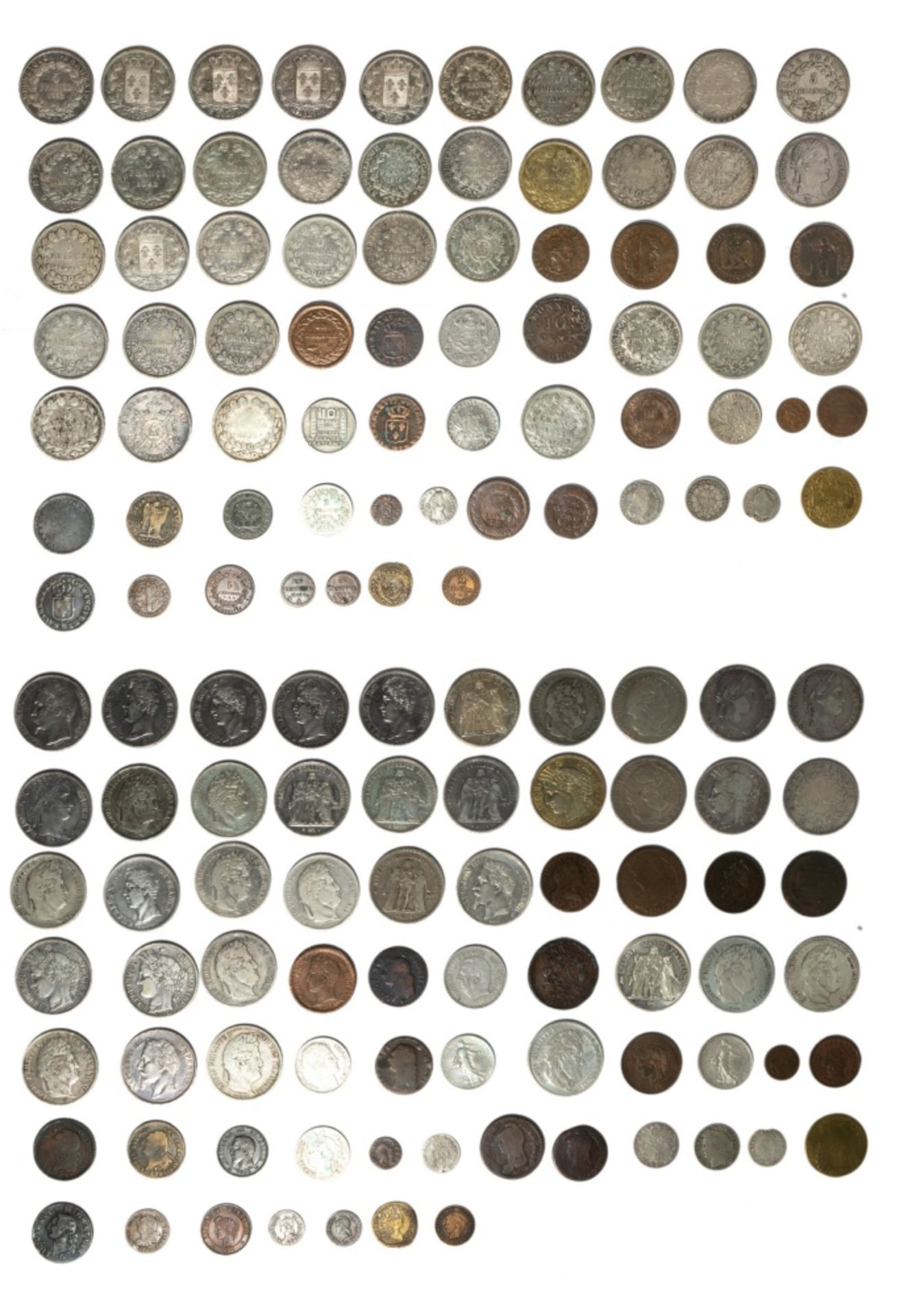 France mixed lot of coins, 10 Sols aux 4 couronnes, 1704 BB ; 10 Francs, 1965 (2) ; 5 Francs (34),