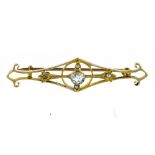 Art Nouveau brooch-barrette 9 kt yellow gold, set with an aquamarine in the centre and 4 tiny