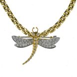 Dragonfly necklace-brooch 18 kt yellow and white gold, composed of a brooch depicting a dragonfly