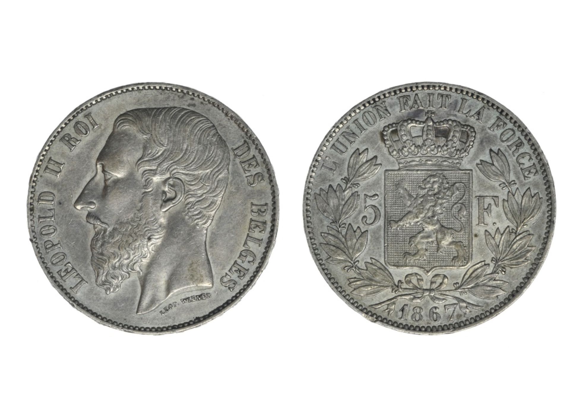 Belgium Leopold II (1865-1909), 5 Francs, 24,99g, 1867, point after F, large bare head left,