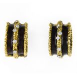 Pair of hoop earrings 18 kt yellow gold, inlaid with brown enamel, each set with 5 small