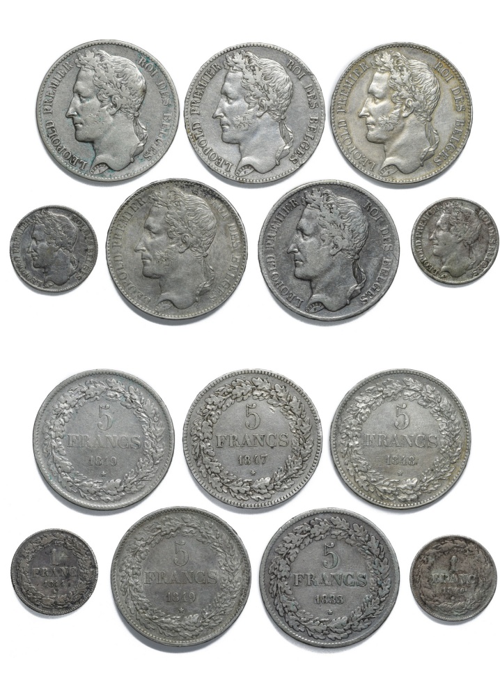 Belgium Leopold I (1831-1865), 5 Francs, laureate head (5), 1833 position B, 1847 position A, 1848