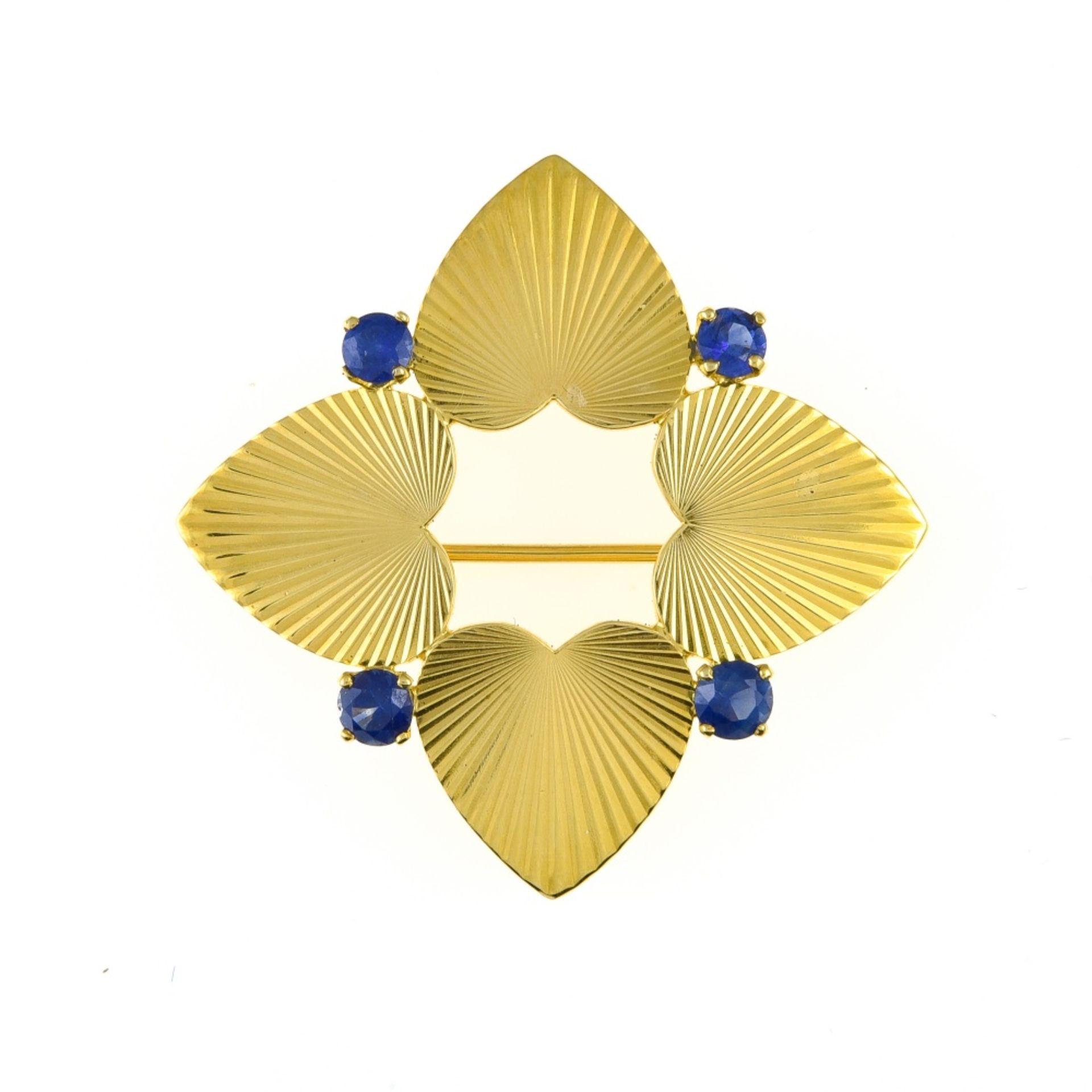 Tiffany & Co 4 heart brooch 14 kt yellow gold, depicting 4 hearts back-to-back and set with 4 blue
