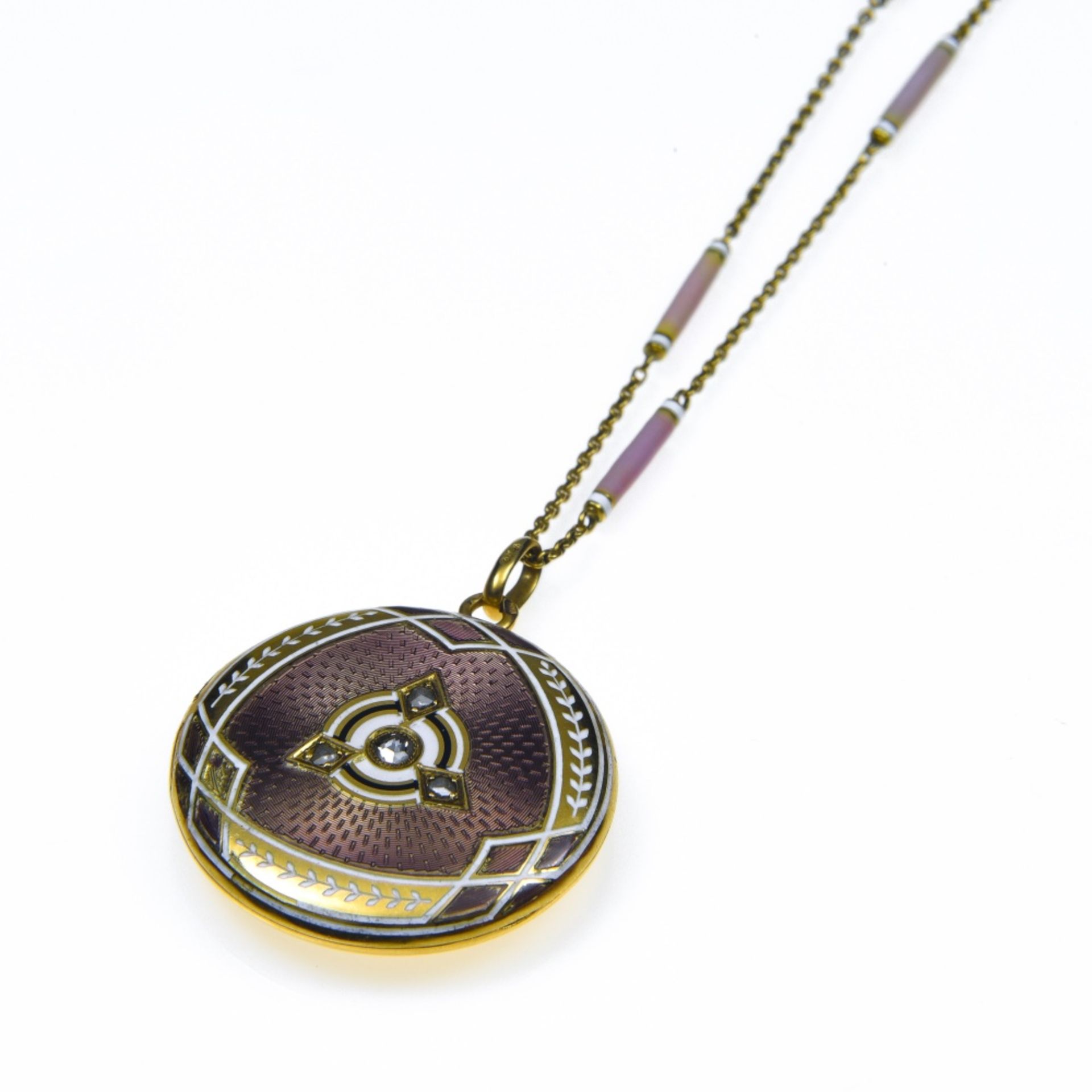 Neoclassical necklace 18 kt yellow gold, composed of a long chain and a round locket medallion - Image 4 of 4