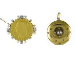 Lot of two jewels 18 kt gold brooch and one-nine-fine gold pendant, rose-cut diamonds, pearls.