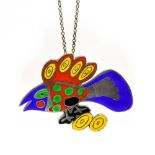 Corneille Bird brooch/pendant Silver, depicting a blue, red, green, yellow and black enamelled bird.