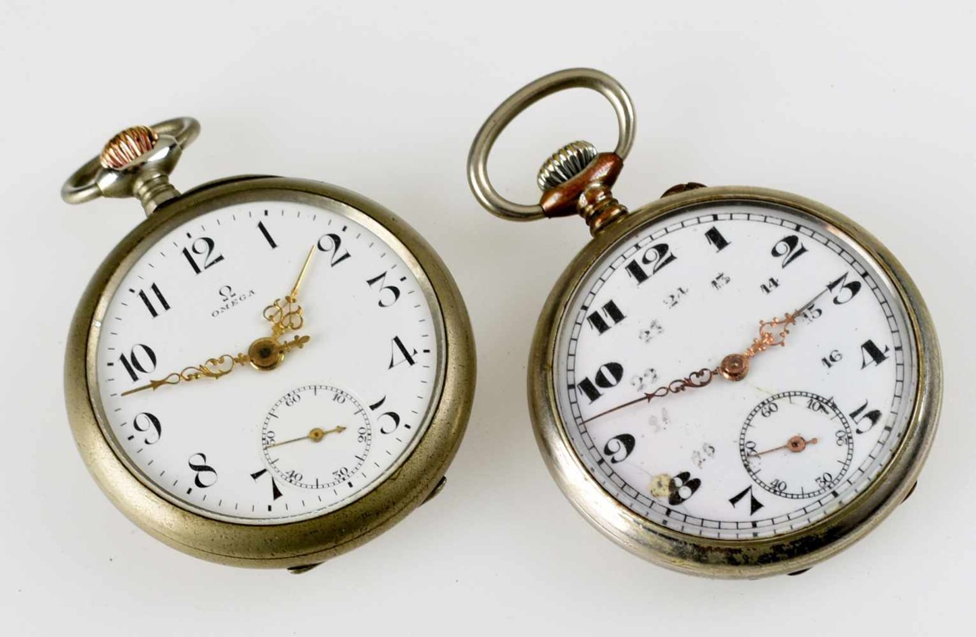 Paar Herrentaschenuhren 1 x bez. "Omega", Handaufzug (ungeprüft), Stunde, Minute und kleine Sekunde, - Image 2 of 3