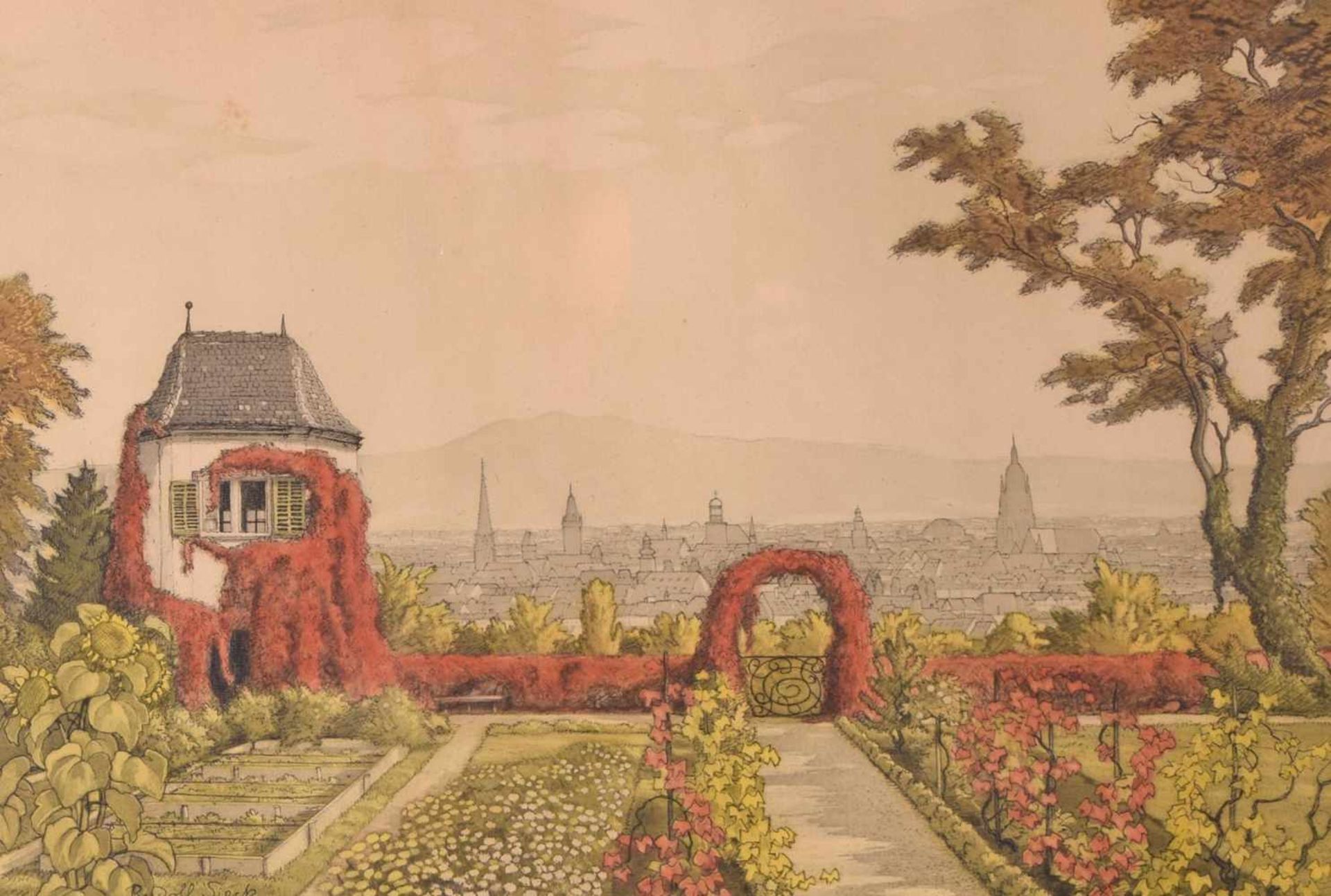 Sieck, Rudolf (1877 Rosenheim - 1957 München) aquarellierte Radierung, Blick über Gartenanlage auf - Bild 2 aus 4